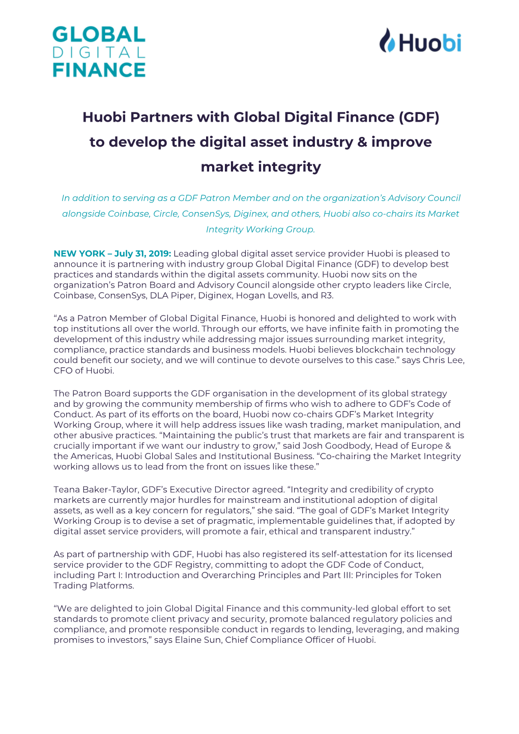 Huobi Partners with Global Digital Finance (GDF) to Develop the Digital Asset Industry & Improve Market Integrity