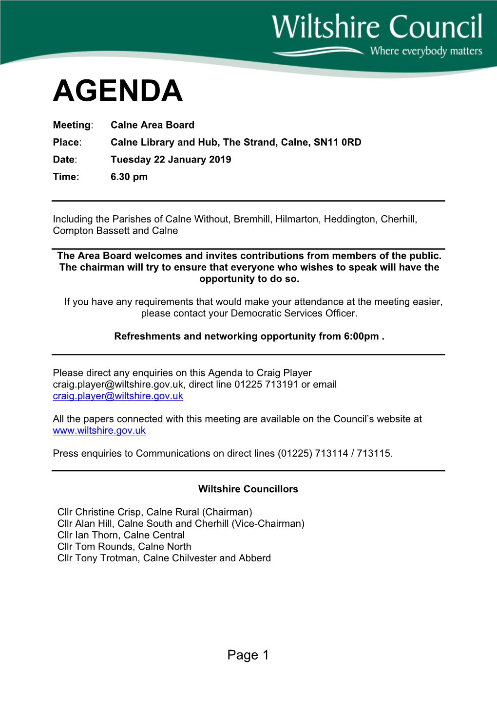 (Public Pack)Agenda Document for Calne Area Board, 22/01/2019 18:30