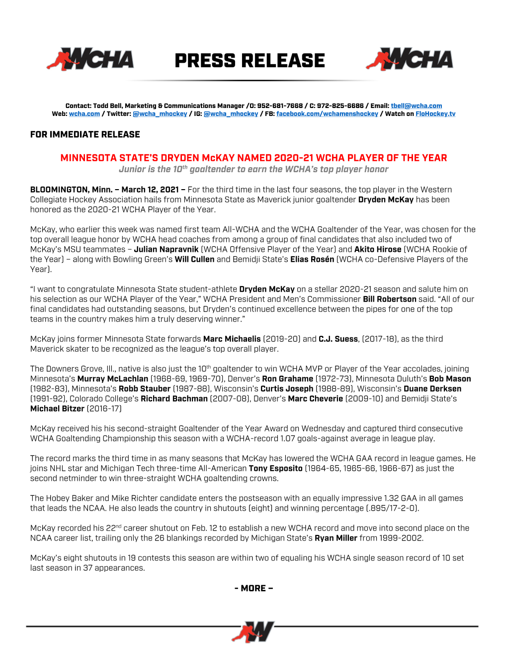 MINNESOTA STATE's DRYDEN Mckay NAMED 2020-21 WCHA