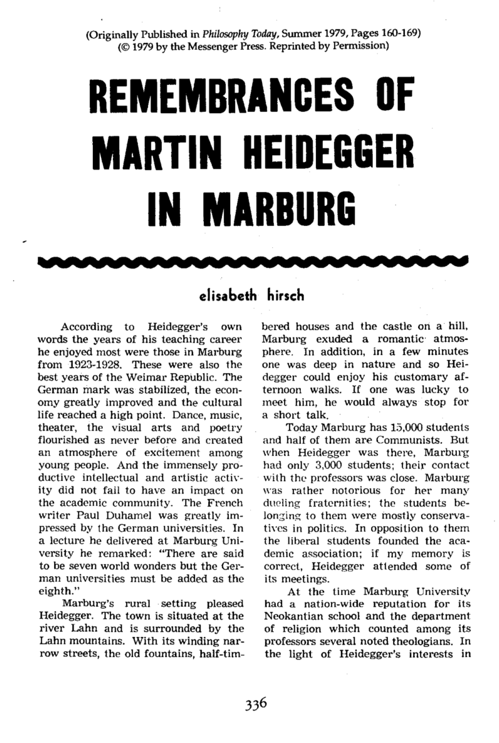 Remembrances of Martin Heidegger in Marburg