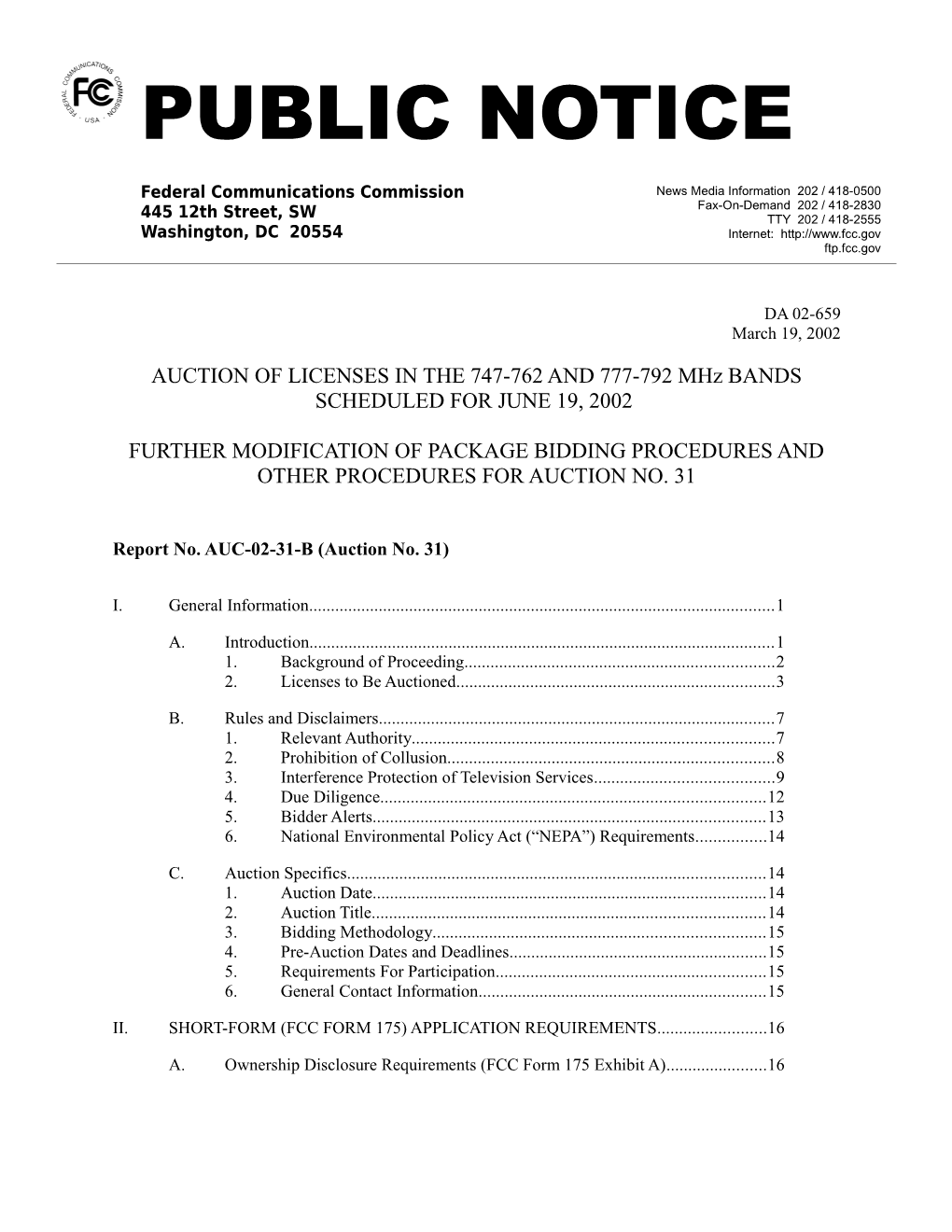 Further Modification of Package Bidding Procedures and Other Procedures for Auction No. 31