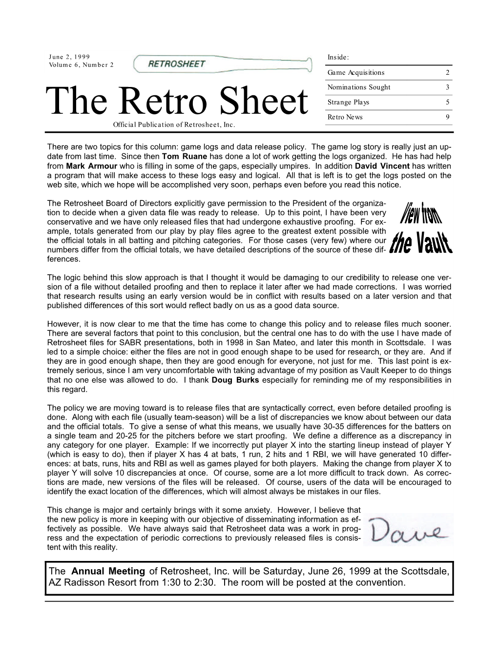 The Retro Sheet Retro News 9 Official Publication of Retrosheet, Inc