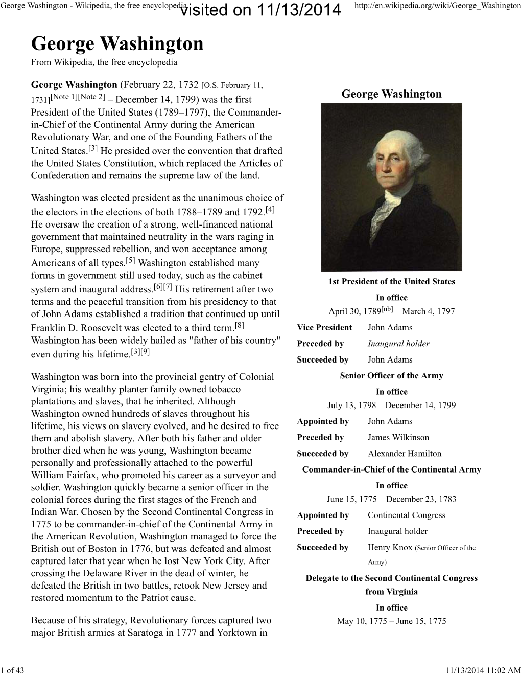 George Washington - Wikipedia, the Free Encyclopediavisited on 11/13/2014