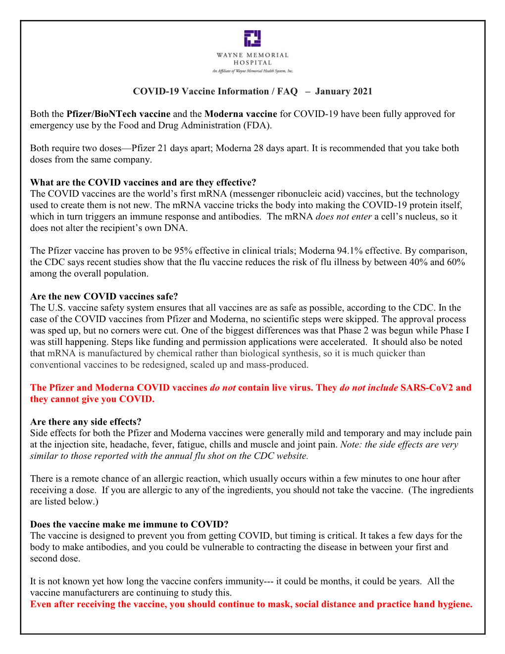 COVID-19 Vaccine Information / FAQ – January 2021 Both the Pfizer