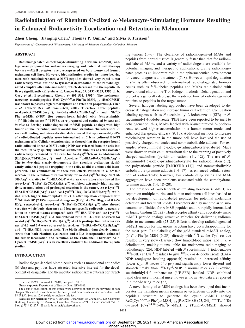 Melanocyte-Stimulating Hormone Resulting in Enhanced Radioactivity Localization and Retention in Melanoma