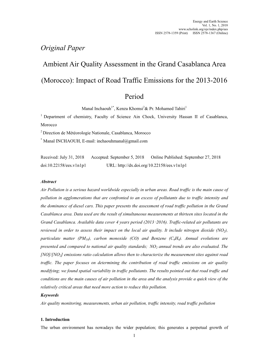 Original Paper Ambient Air Quality Assessment in the Grand Casablanca Area (Morocco): Impact of Road Traffic Emissions for the 2013-2016 Period