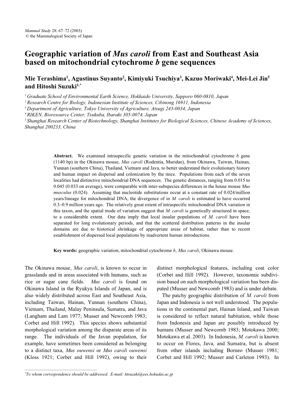 Geographic Variation of Mus Caroli from East and Southeast Asia Based on Mitochondrial Cytochrome B Gene Sequences