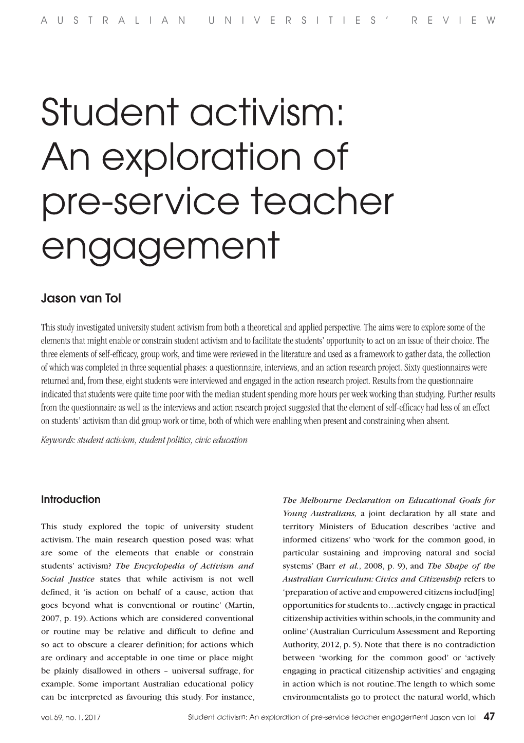 Student Activism: an Exploration of Pre-Service Teacher Engagement