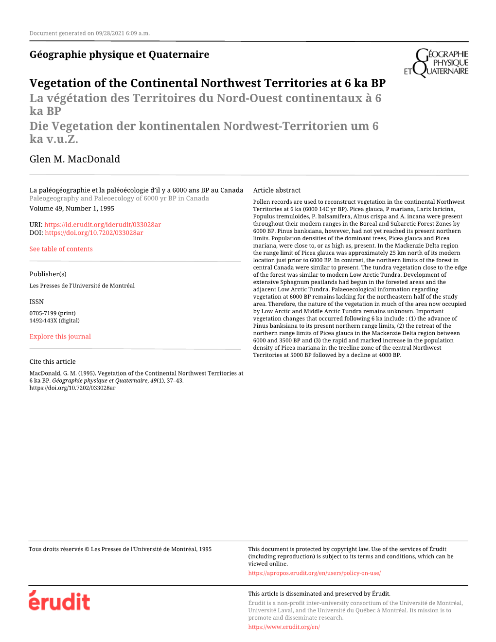 Vegetation of the Continental Northwest Territories at 6 Ka BP