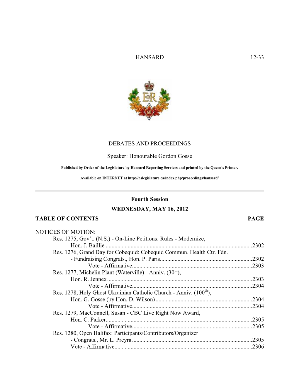 HANSARD 12-33 DEBATES and PROCEEDINGS Speaker