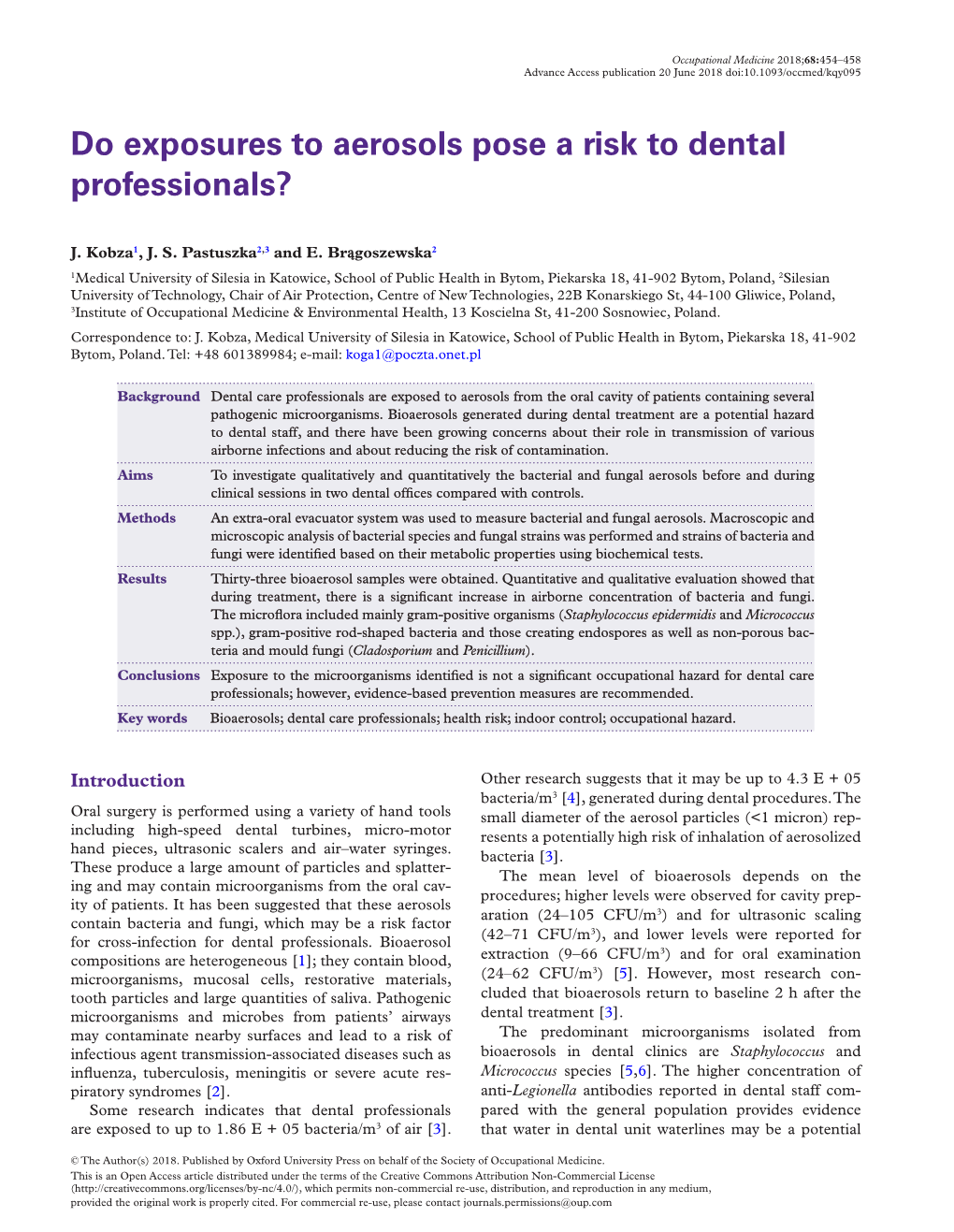 Do Exposures to Aerosols Pose a Risk to Dental Professionals?