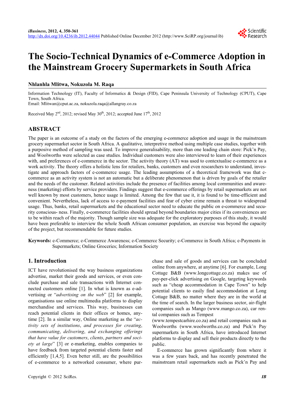 The Socio-Technical Dynamics of E-Commerce Adoption in the Mainstream Grocery Supermarkets in South Africa