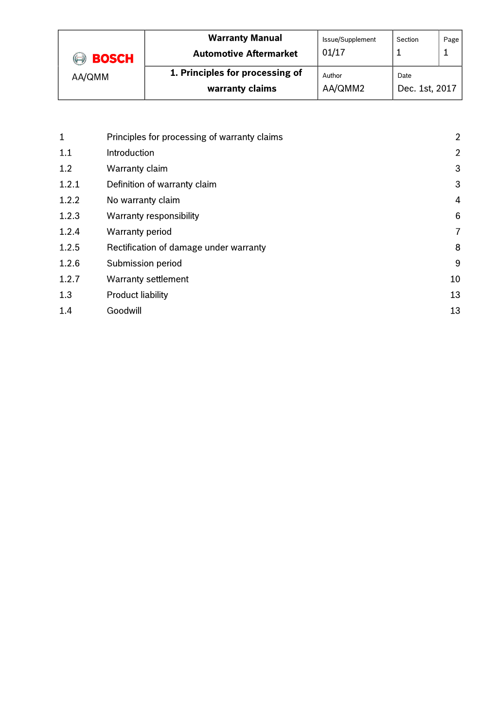 Warranty Manual Automotive Aftermarket 01/17 1 1 AA/QMM 1