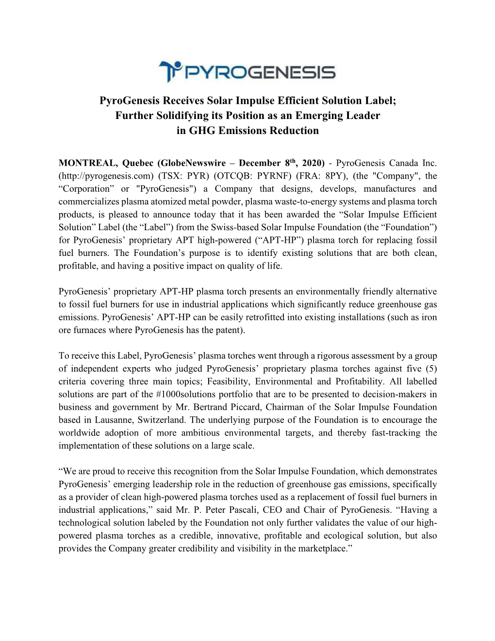 Pyrogenesis Receives Solar Impulse Efficient Solution Label; Further Solidifying Its Position As an Emerging Leader in GHG Emissions Reduction