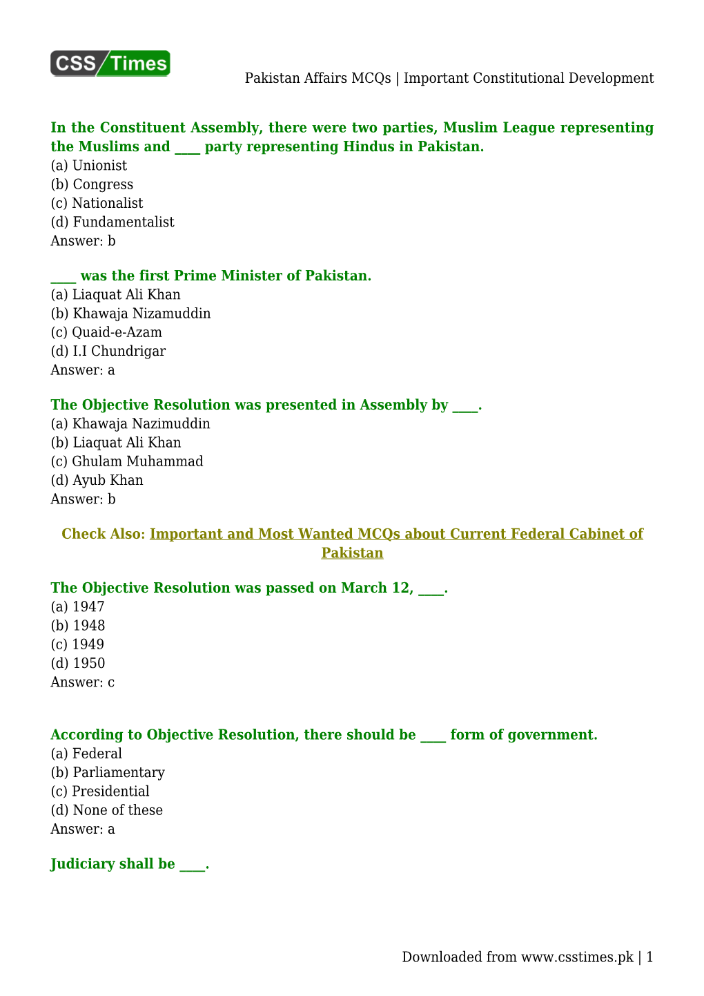 Pakistan Affairs Mcqs | Important Constitutional Development