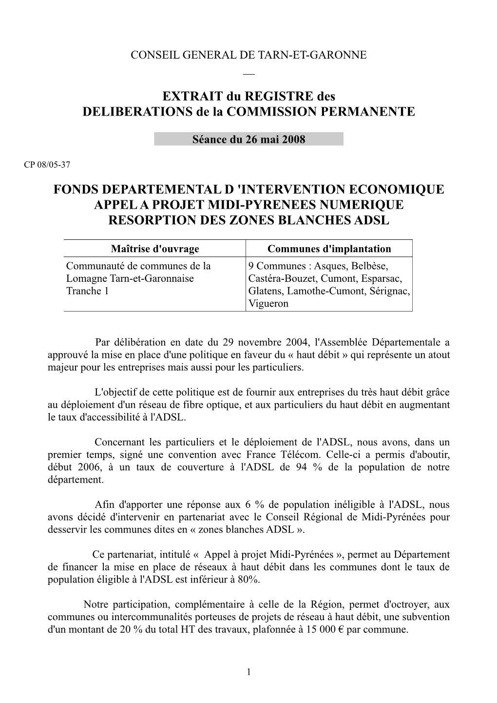 EXTRAIT Du REGISTRE Des DELIBERATIONS De La COMMISSION PERMANENTE