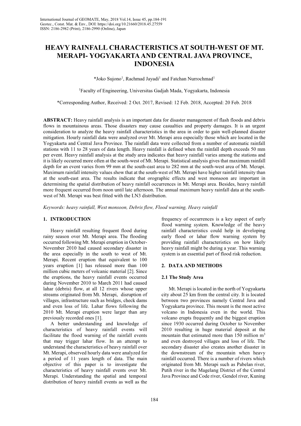 Heavy Rainfall Characteristics at South-West of Mt. Merapi- Yogyakarta and Central Java Province, Indonesia