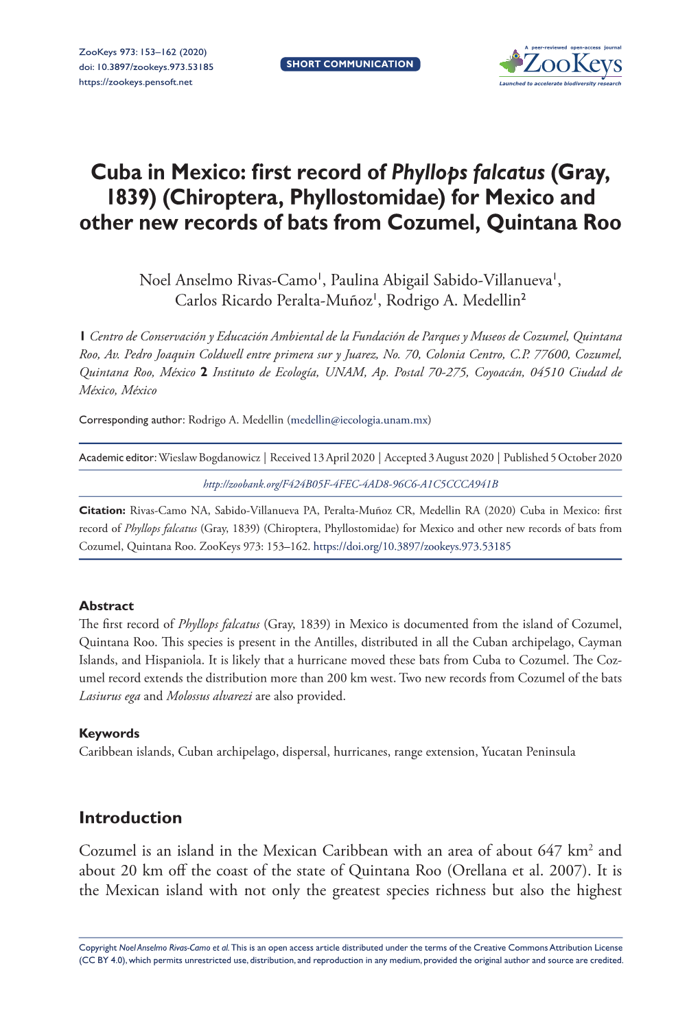 Cuba in Mexico: First Record of Phyllops Falcatus (Gray, 1839) (Chiroptera, Phyllostomidae) for Mexico and Other New Records of Bats from Cozumel, Quintana Roo