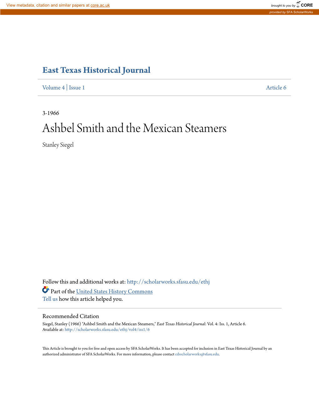 Ashbel Smith and the Mexican Steamers Stanley Siegel