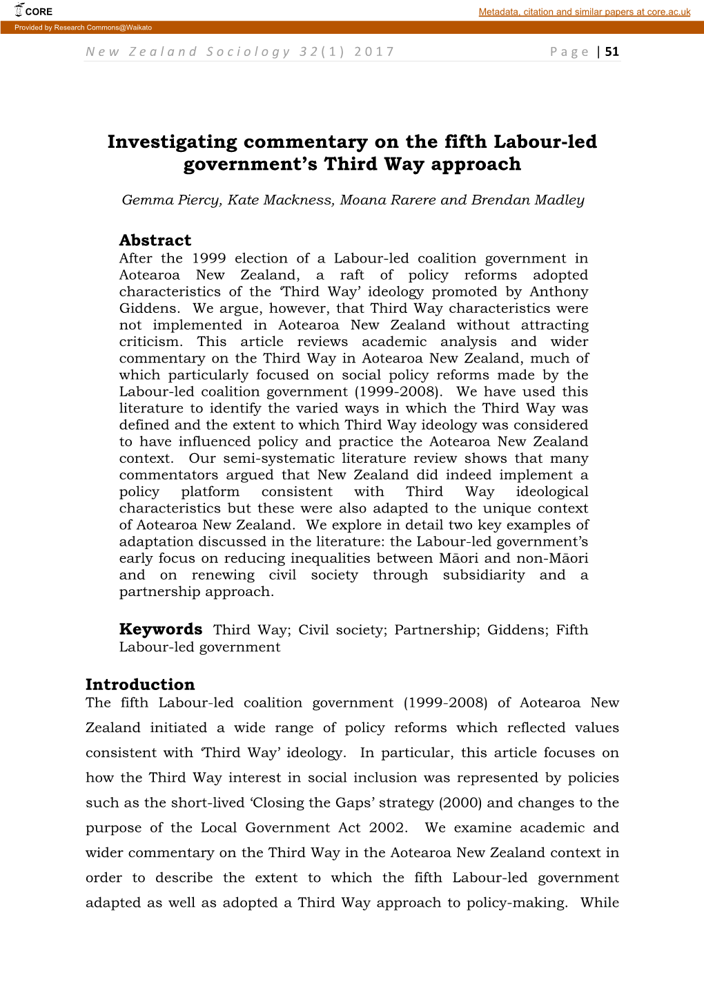 Investigating Commentary on the Fifth Labour-Led Government's Third Way Approach