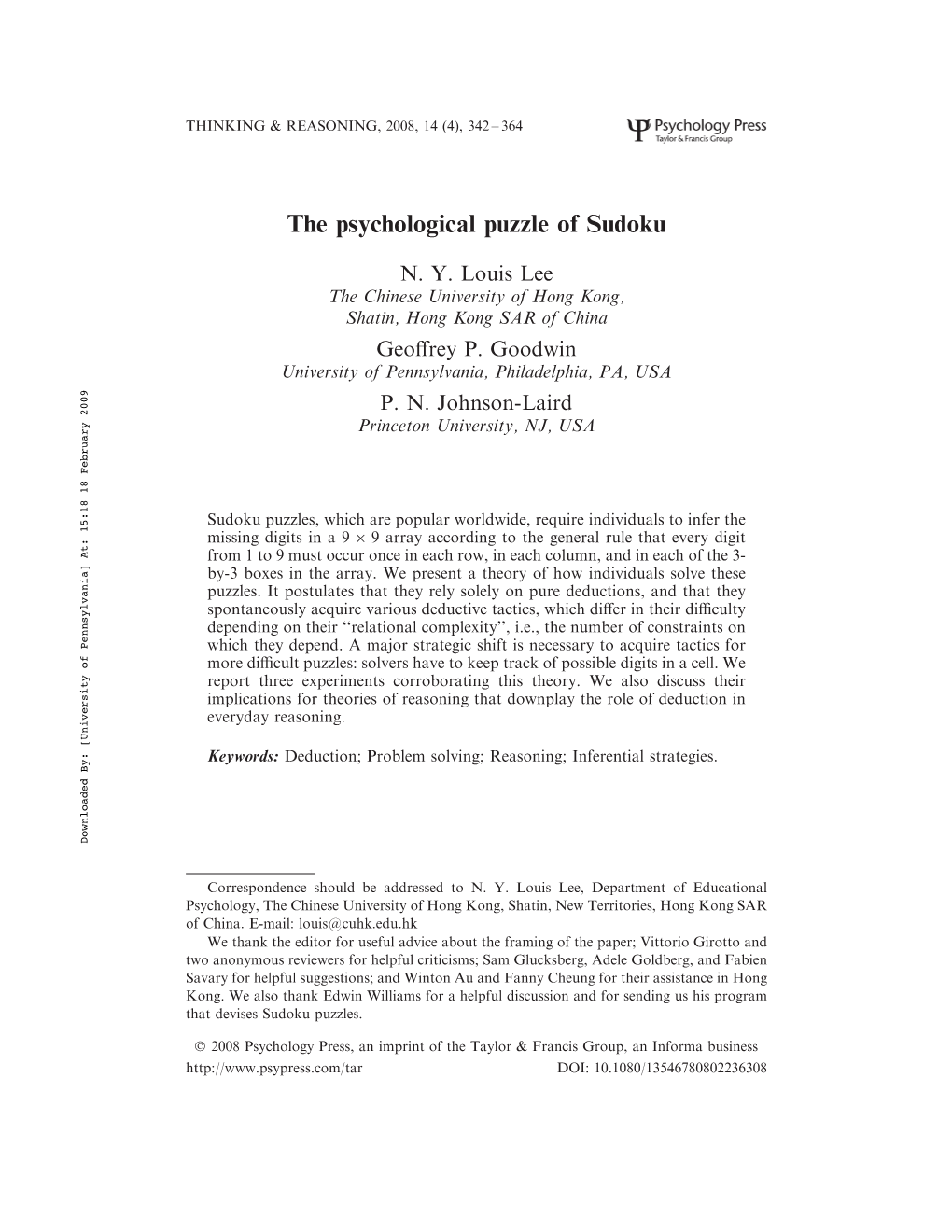 Lee, Goodwin, & Johnson-Laird 2008 Sudoku THINKING & REASONING