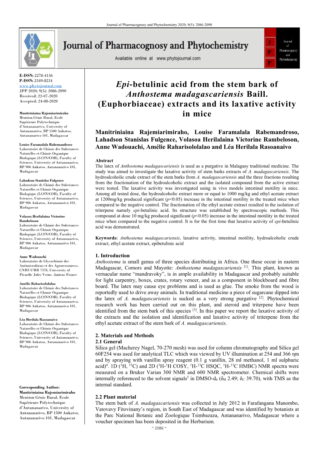 Epi-Betulinic Acid from the Stem Bark of Anthostema Madagascariensis