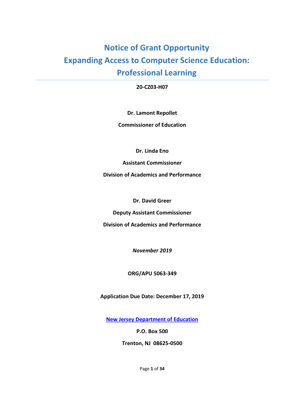 Notice of Grant Opportunity Expanding Access to Computer Science Education: Professional Learning