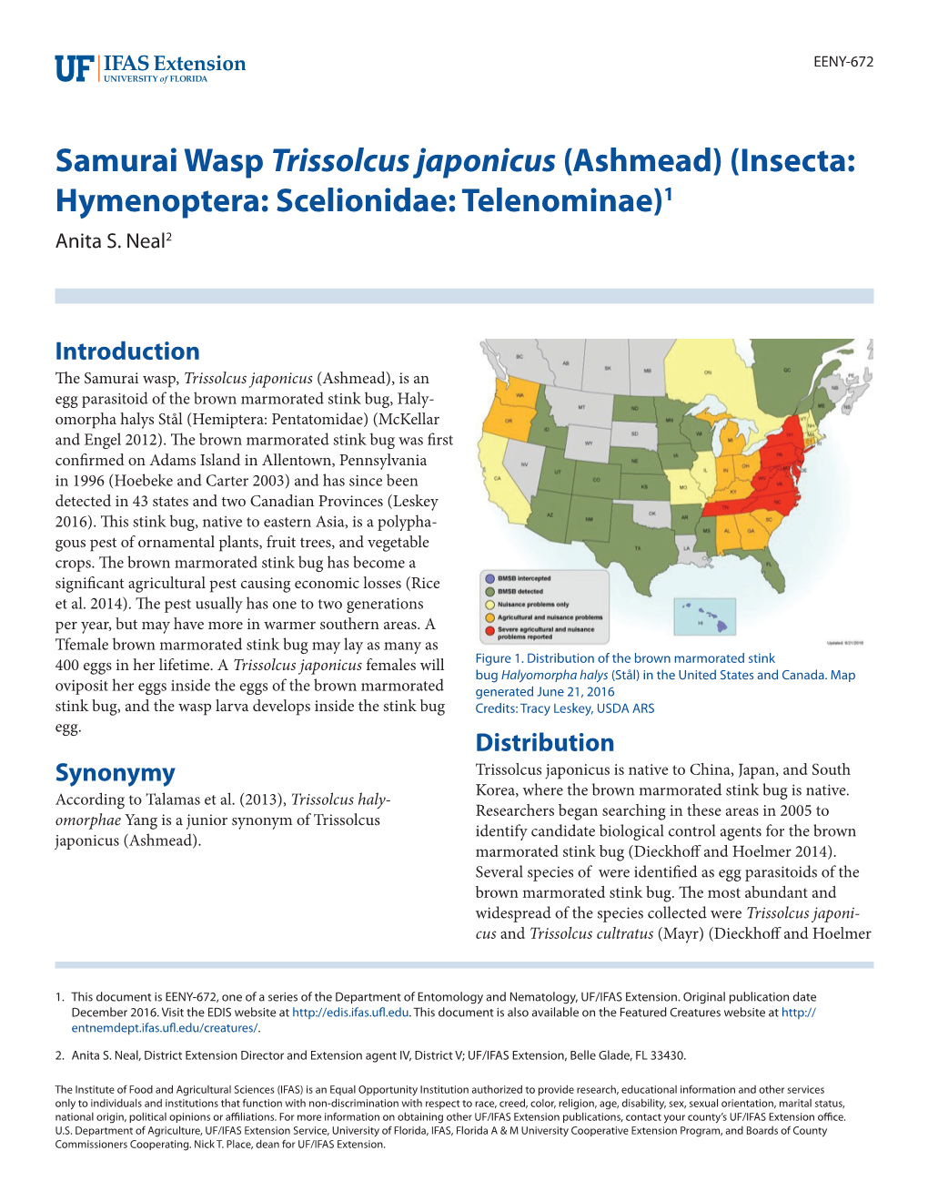 Samurai Wasp Trissolcus Japonicus (Ashmead) (Insecta: Hymenoptera: Scelionidae: Telenominae)1 Anita S