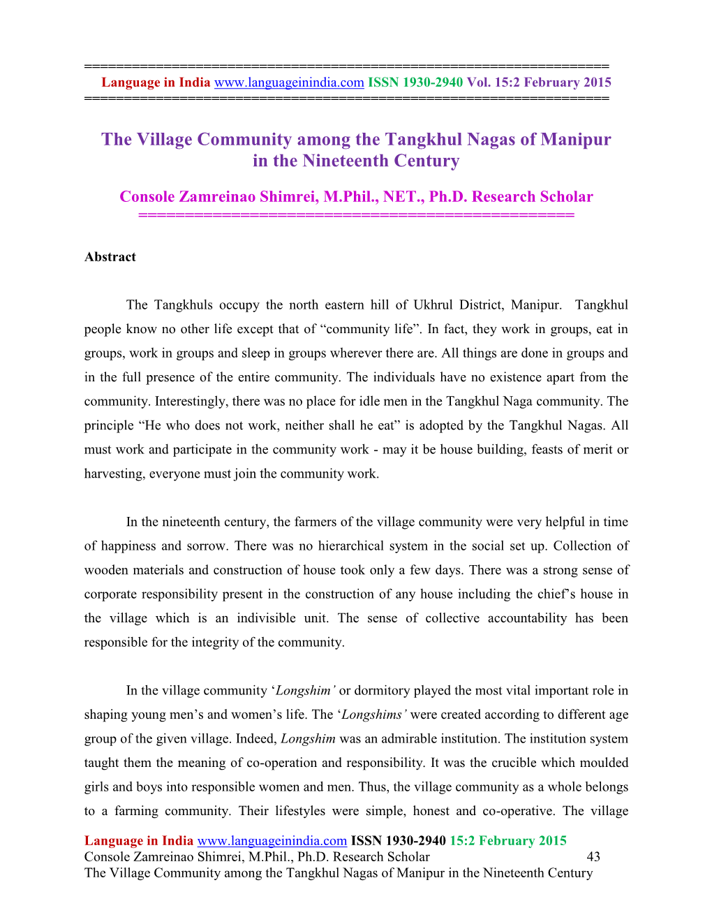 The Village Community Among the Tangkhul Nagas of Manipur in the Nineteenth Century