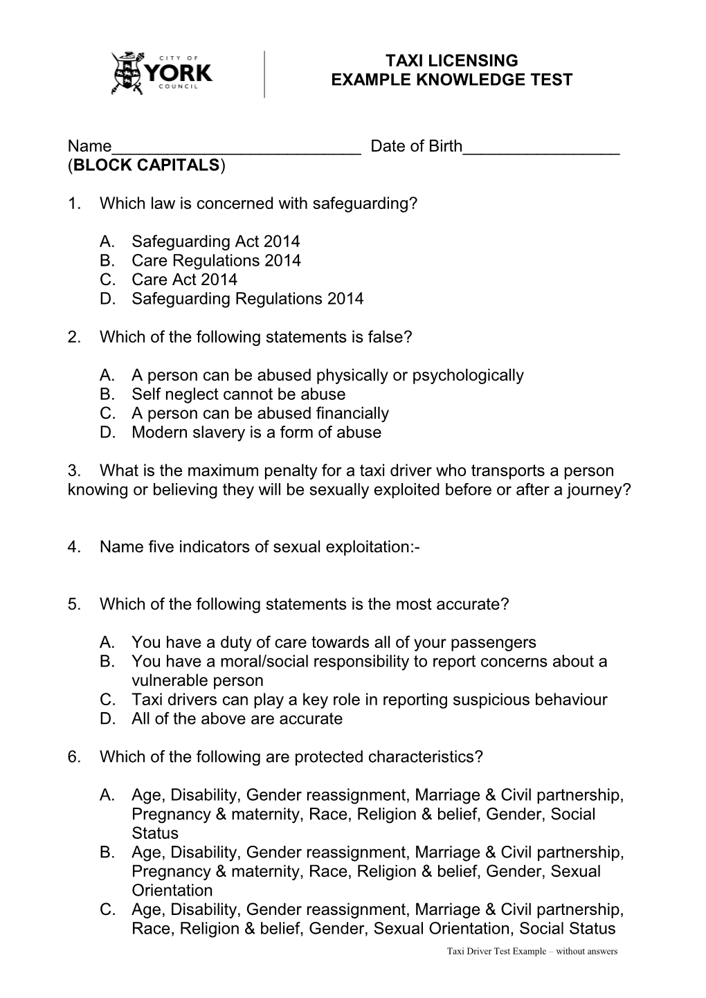 TAXI LICENSING EXAMPLE KNOWLEDGE TEST Name___Date of Birth