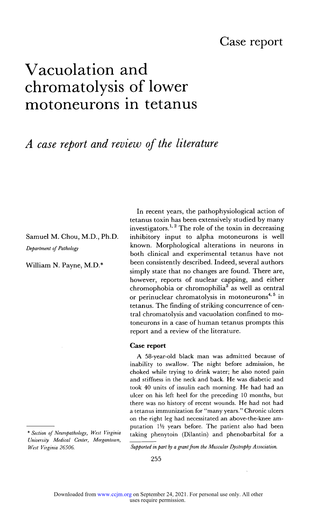 Vacuolation of Chromatolysis of Lower Motoneurons in Tetanus