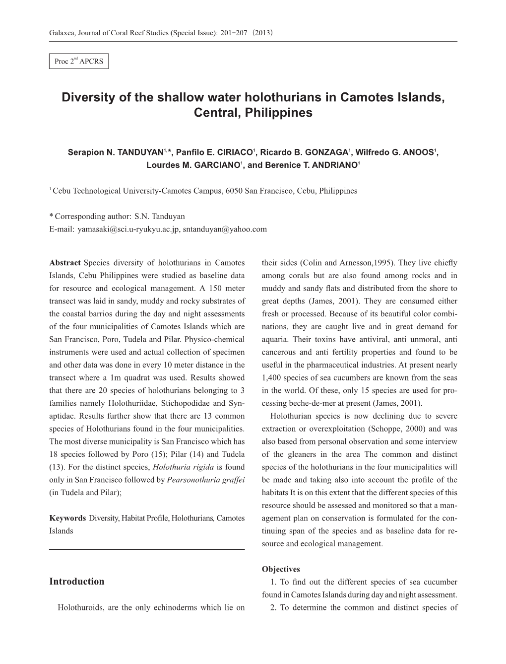 Diversity of the Shallow Water Holothurians in Camotes Islands, Central, Philippines