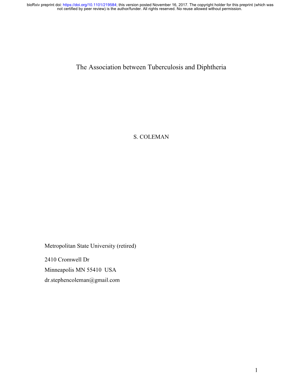 The Association Between Tuberculosis and Diphtheria