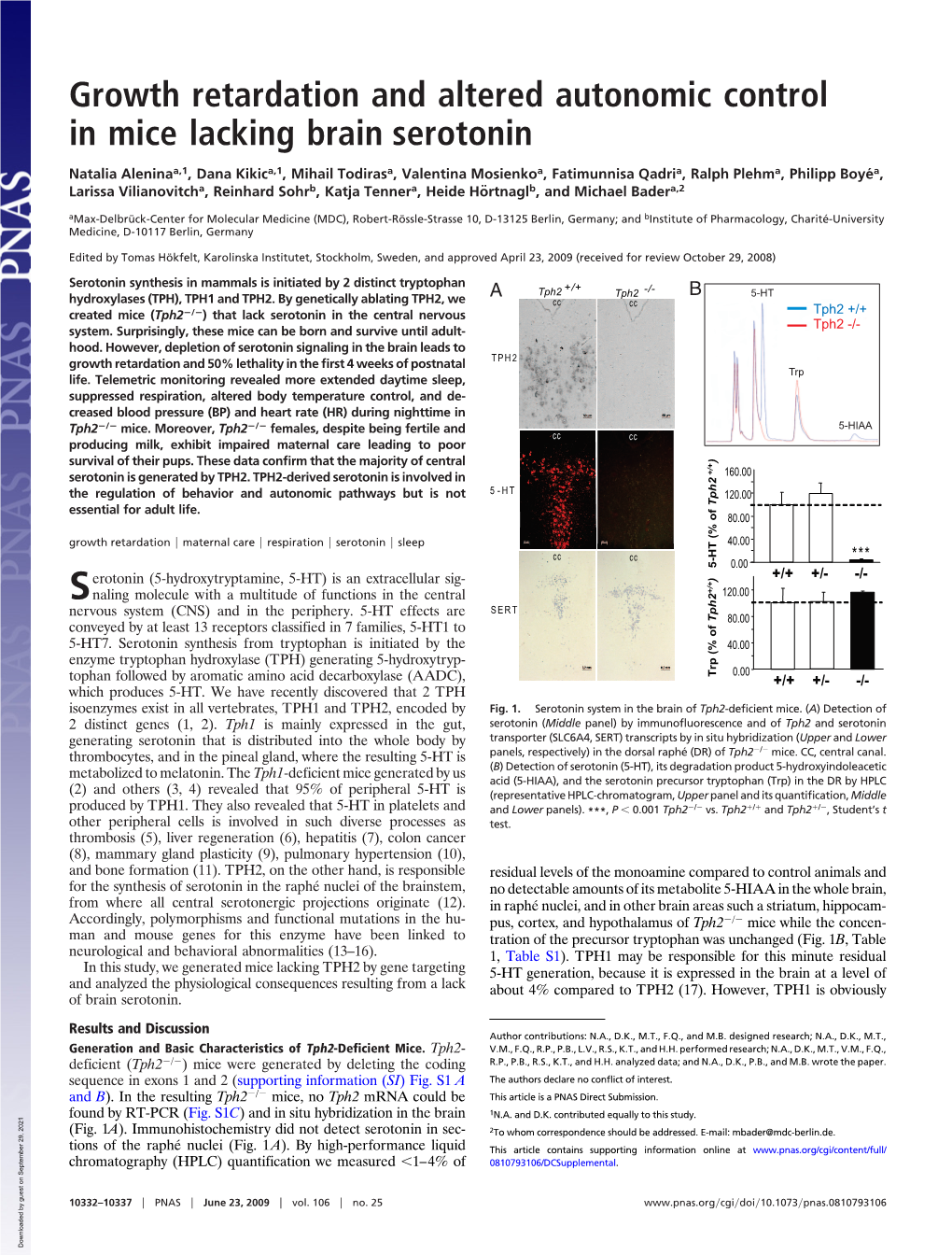 Growth Retardation and Altered Autonomic Control in Mice Lacking Brain Serotonin