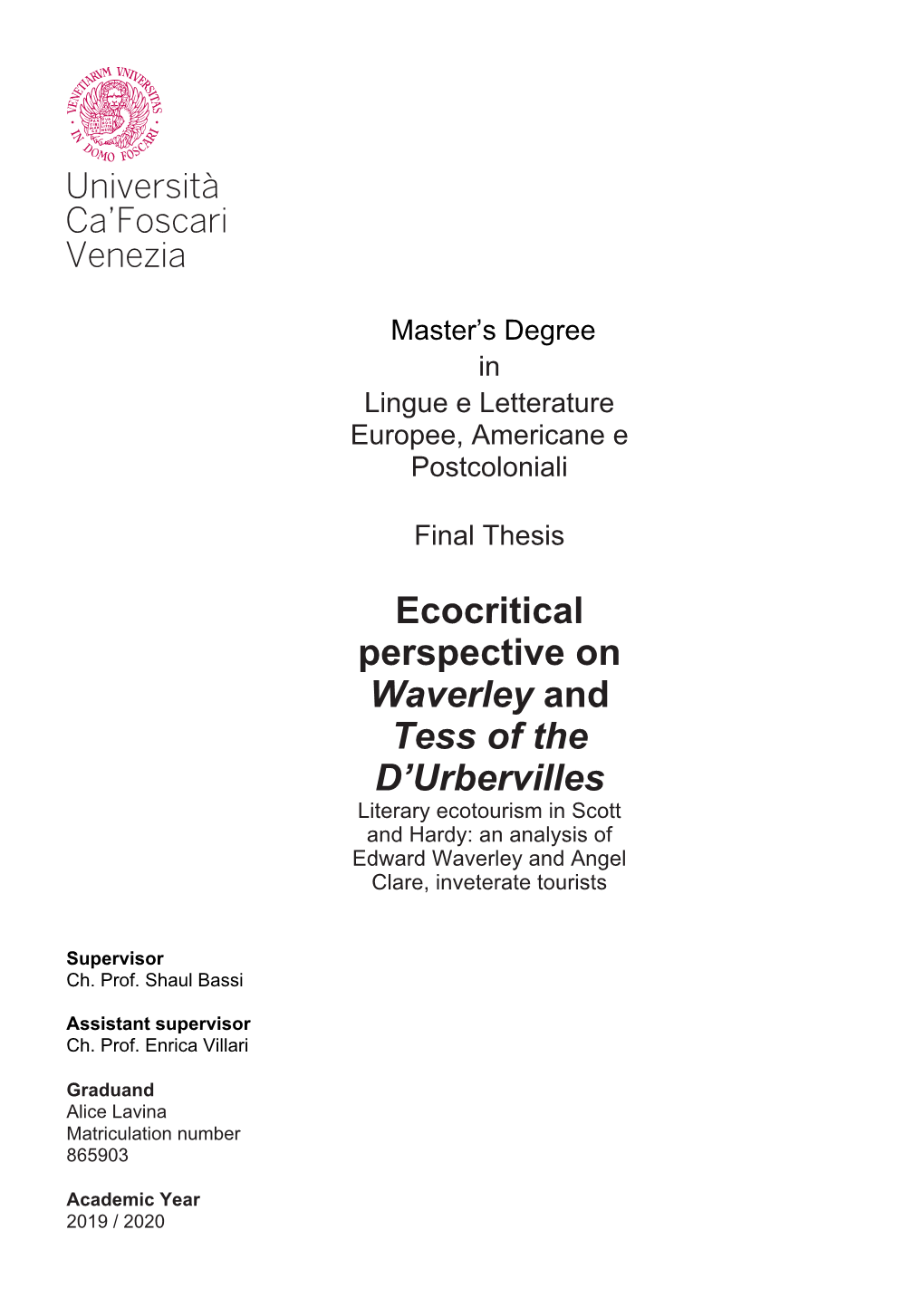 Ecocritical Perspective on Waverley and Tess of the D'urbervilles