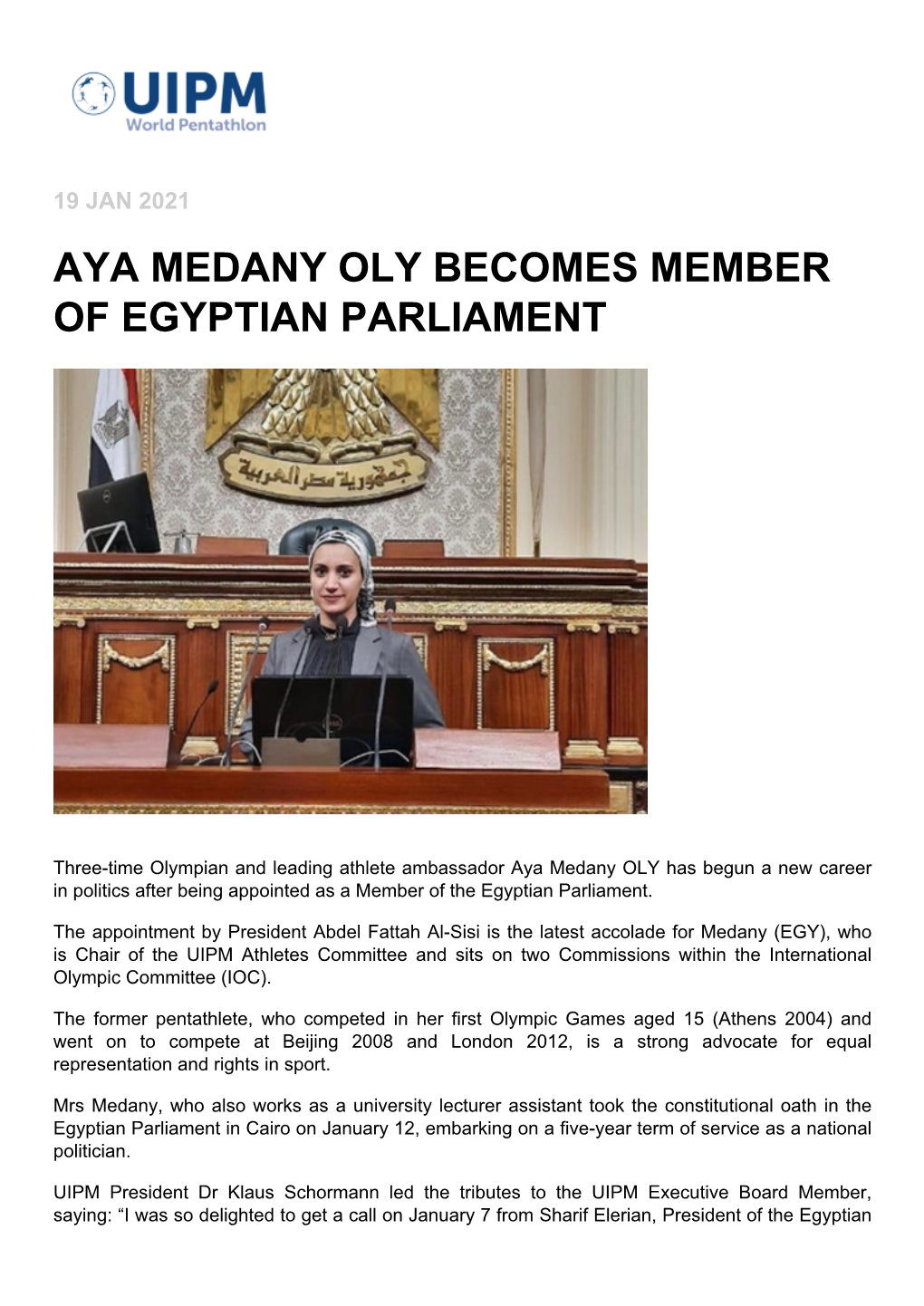 Aya Medany Oly Becomes Member of Egyptian Parliament