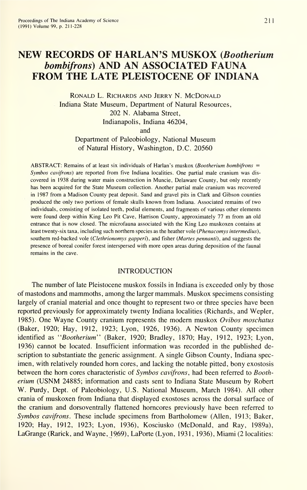 Proceedings of the Indiana Academy of Science 2 1 ! (1991) Volume 99, P