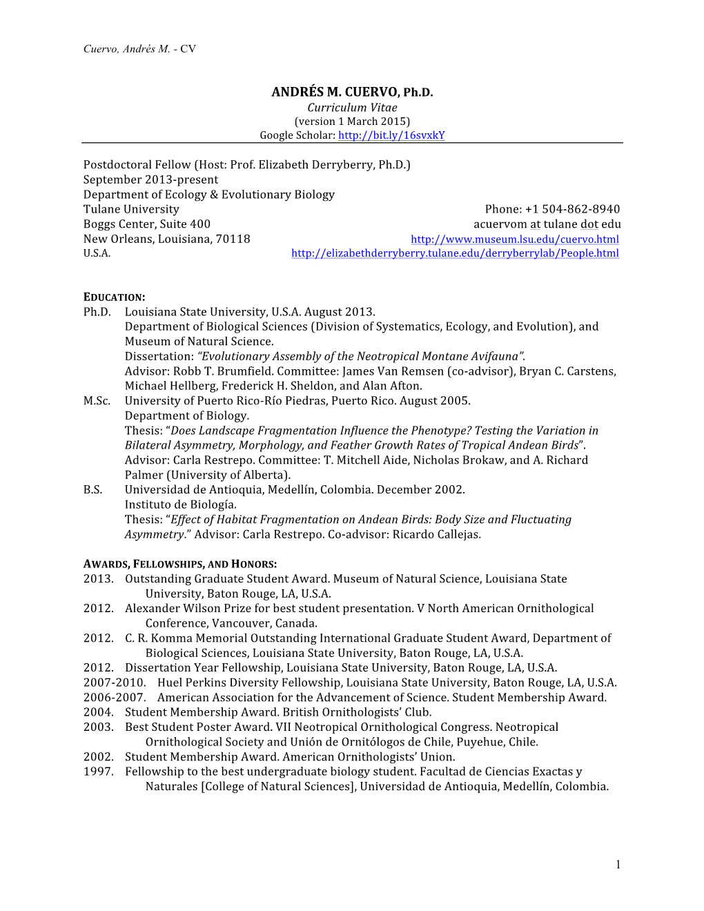 Curriculum Vitae (Version 1 March 2015) Google Scholar