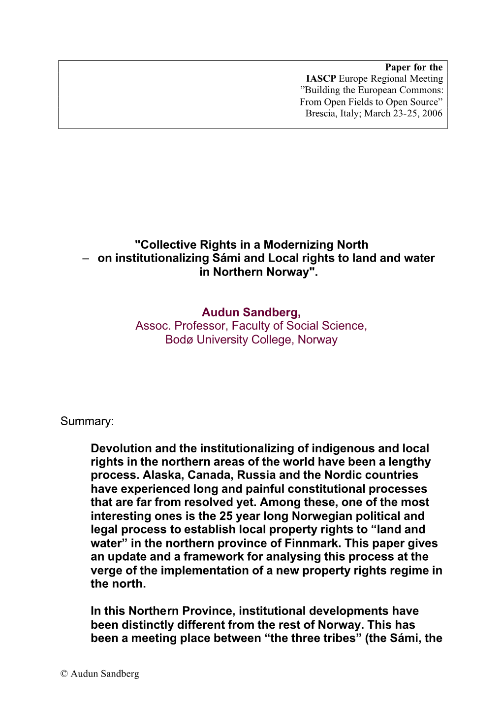 "Collective Rights in a Modernizing North – on Institutionalizing Sámi and Local Rights to Land and Water in Northern Norway"