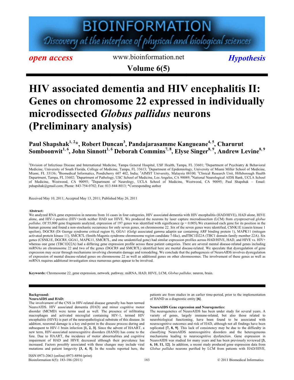 HIV Associated Dementia and HIV Encephalitis II: Genes on Chromosome 22 Expressed in Individually Microdissected Globus Pallidus Neurons (Preliminary Analysis)