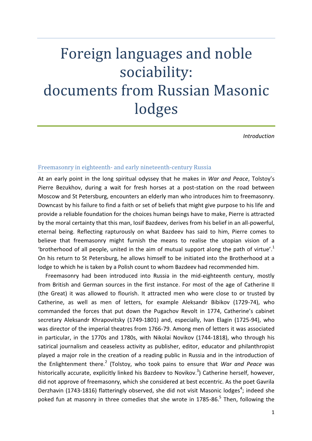 Foreign Languages and Noble Sociability: Documents from Russian Masonic Lodges