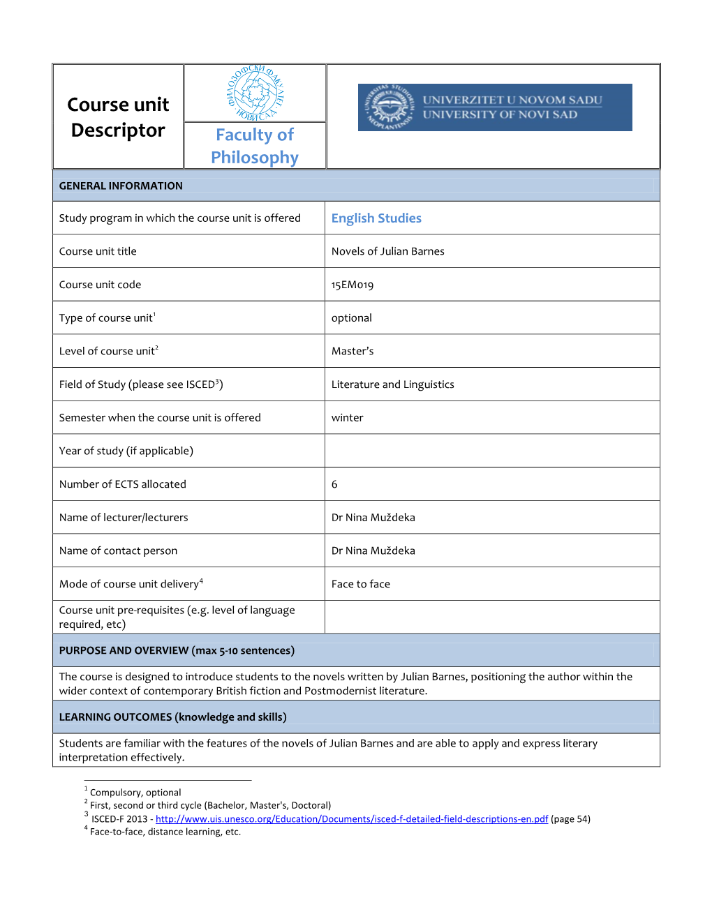 Course Unit Descriptor