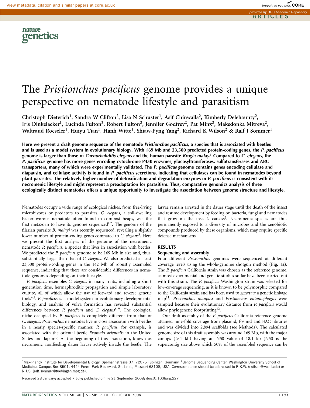 The Pristionchus Pacificus Genome Provides a Unique