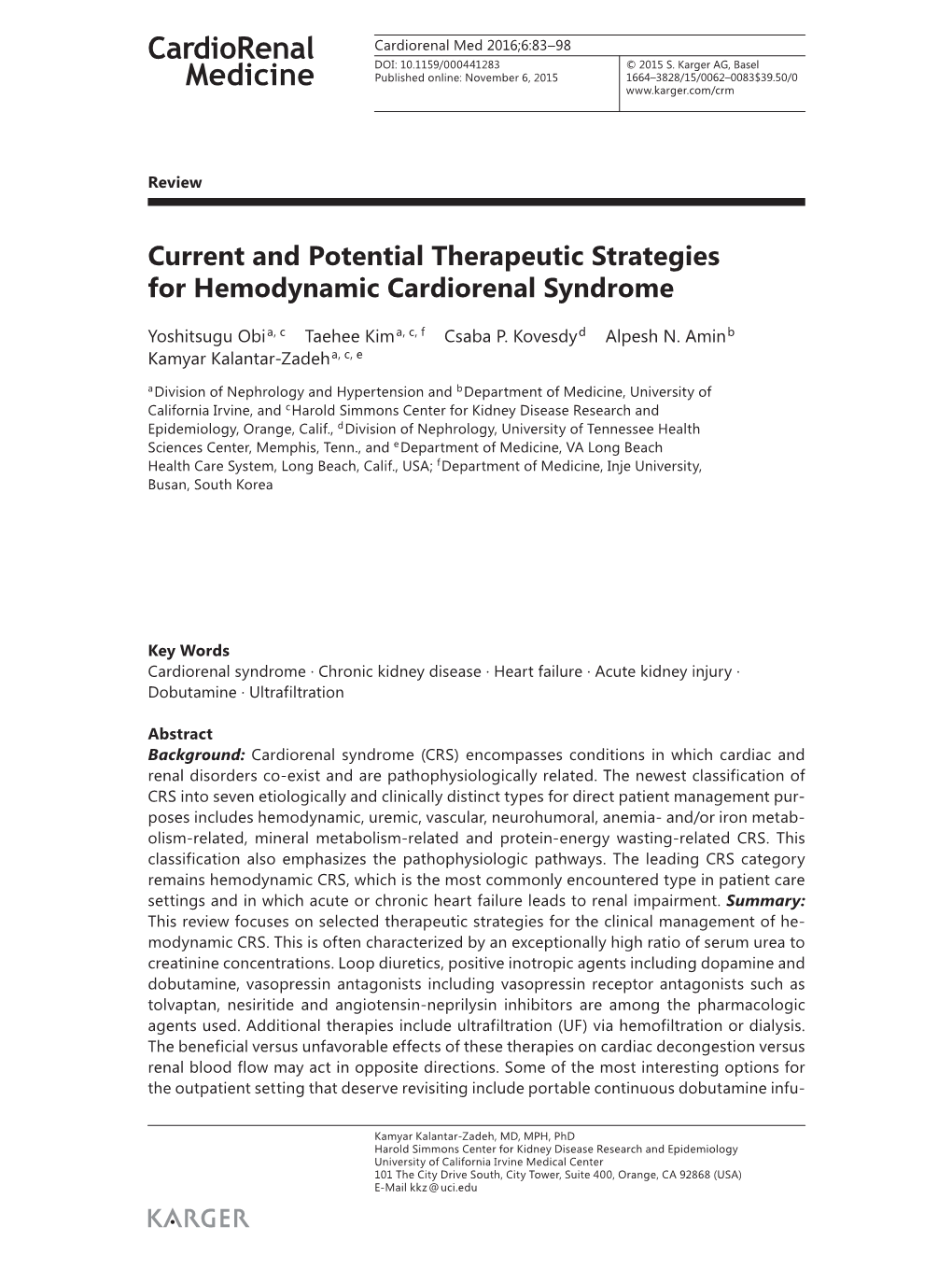 Current and Potential Therapeutic Strategies for Hemodynamic Cardiorenal Syndrome