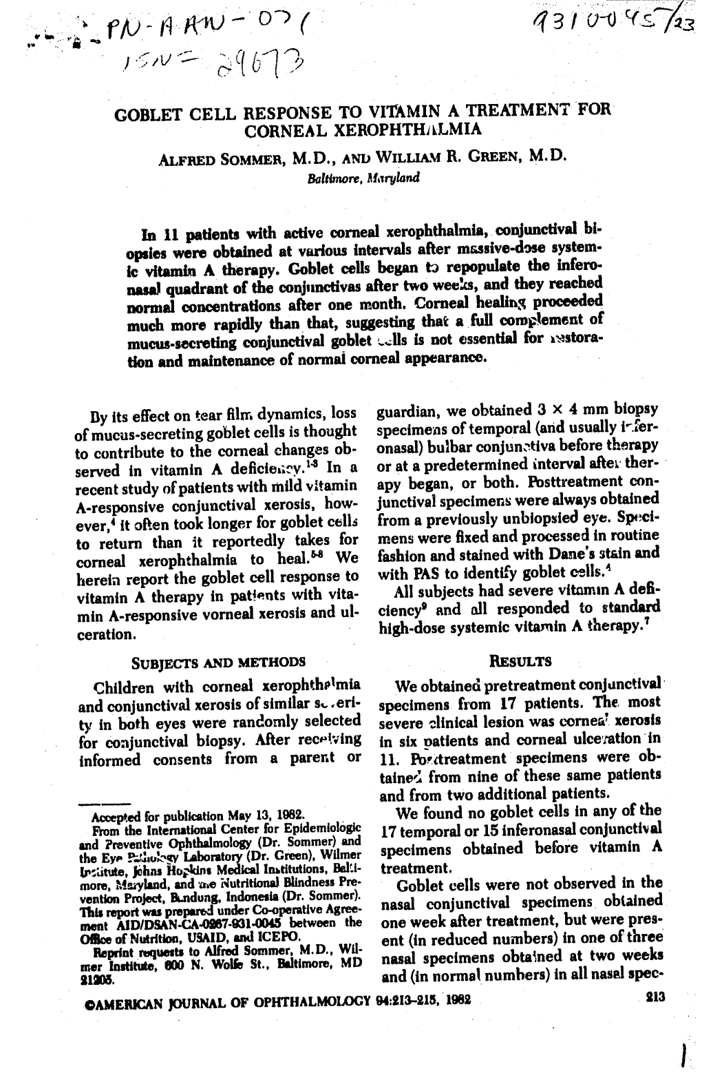 GOBLET CELL RESPONSE to VITAMIN a TREATMENT for CORNEAL Xerophthiklmia ALFRED SOMMER, M.D., and WILLIAM R