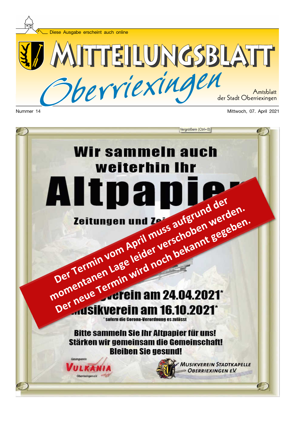 Nummer 14 Mittwoch, 07. April 2021 Diese Ausgabe Erscheint Auch Online