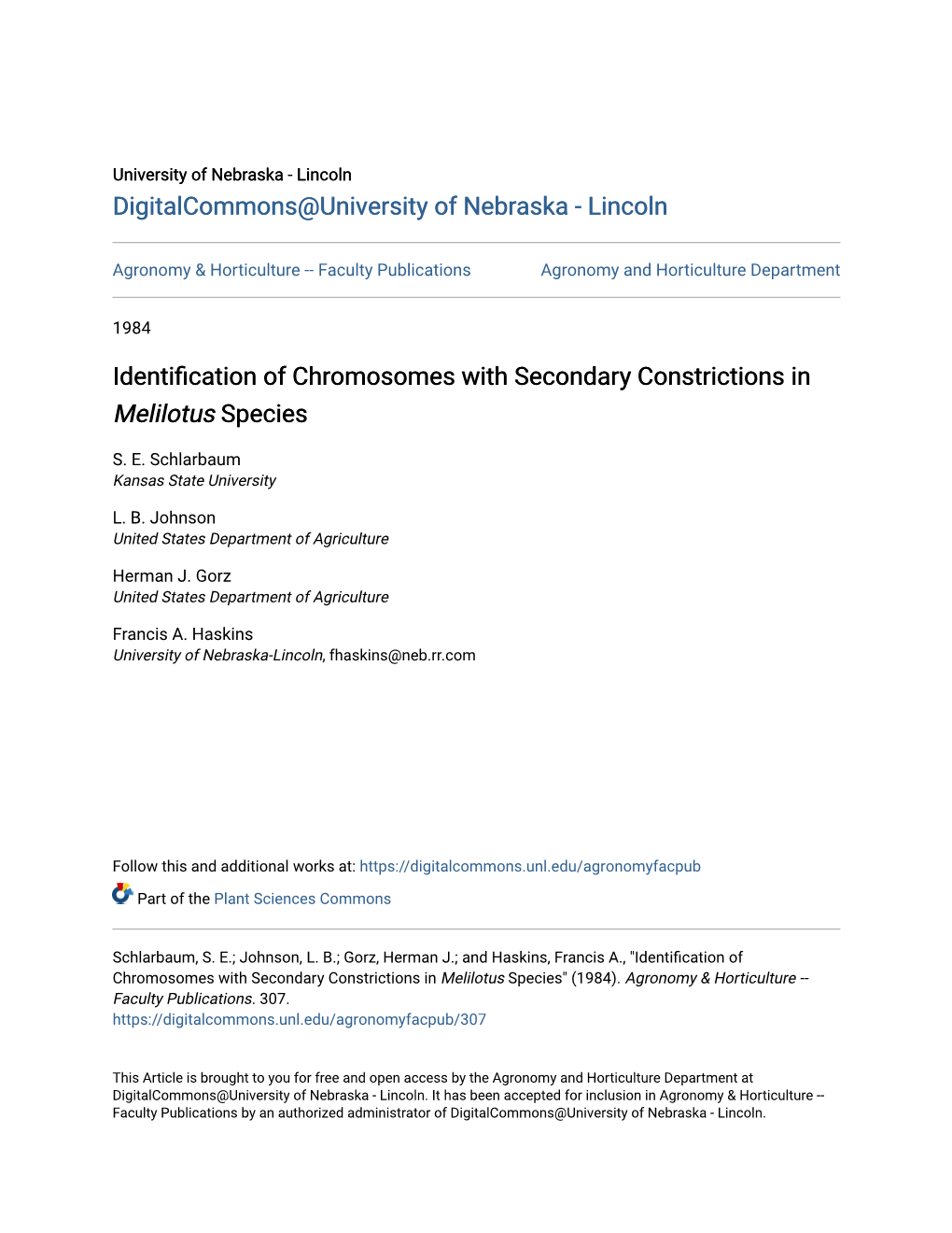 Identification of Chromosomes with Secondary Constrictions in Melilotus Species