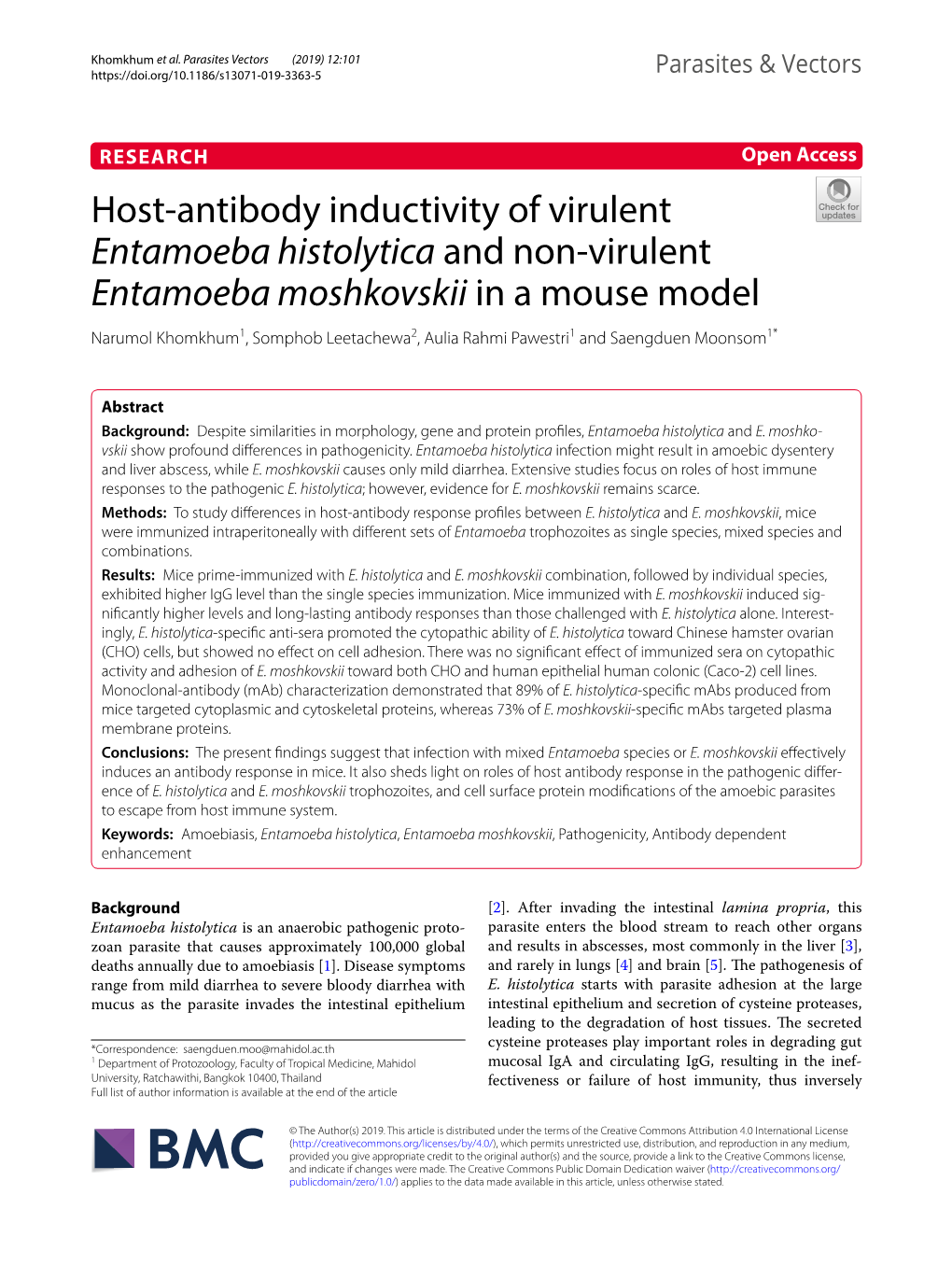 Entamoeba Histolytica and Non‑Virulent Entamoeba Moshkovskii in a Mouse Model Narumol Khomkhum1, Somphob Leetachewa2, Aulia Rahmi Pawestri1 and Saengduen Moonsom1*