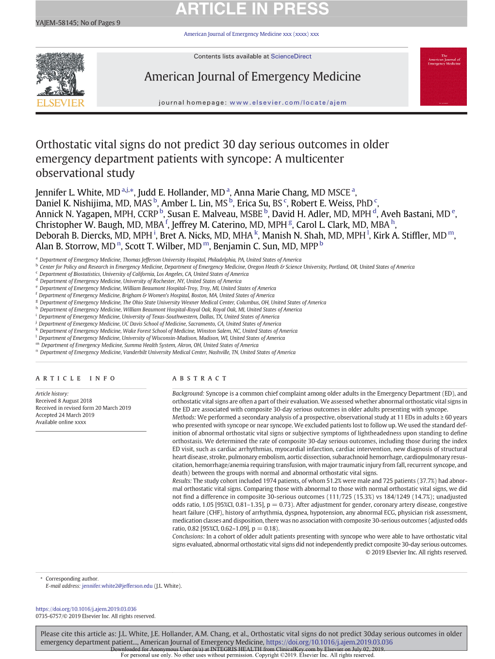 Orthostatic Vital Signs Do Not Predict 30 Day Serious Outcomes in Older Emergency Department Patients with Syncope: a Multicenter Observational Study