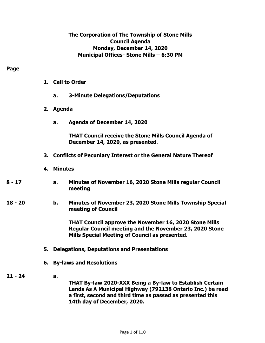 Council Agenda Monday, December 14, 2020 Municipal Offices- Stone Mills – 6:30 PM